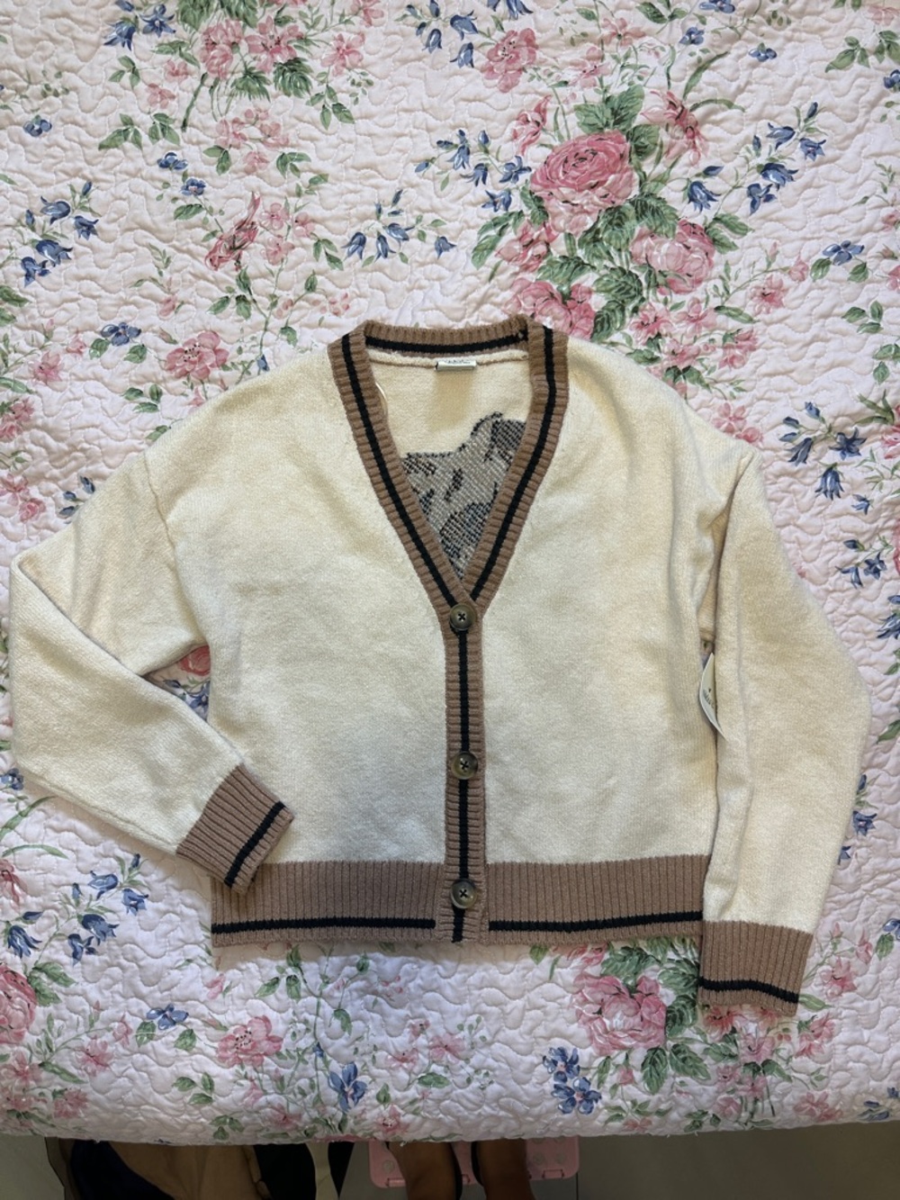 Cream Cardigan with Brown Trim